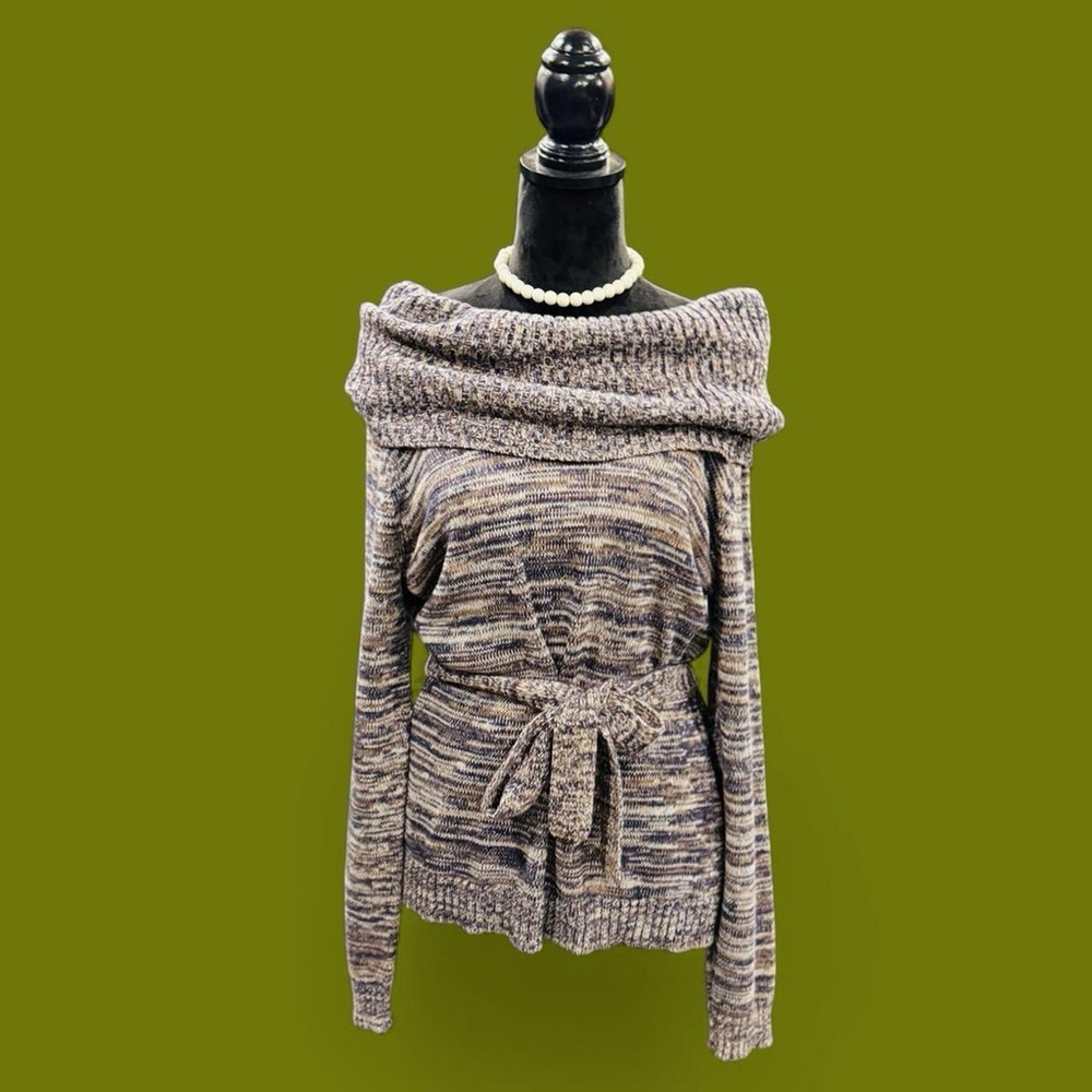 Jeanne Pierre Belted Cowl Neck Sweater Womens Large Marled Knit Off Shoulder